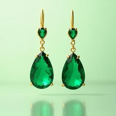 Pair of dangling gold earrings with emeralds.