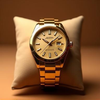 Luxurious gold wristwatch on a display cushion.